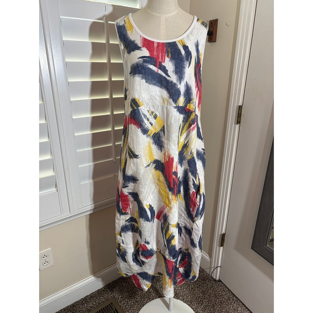 Rosemarine Linen Dress L Multicolor Brushstroke Pockets Lagenlook Made in Italy